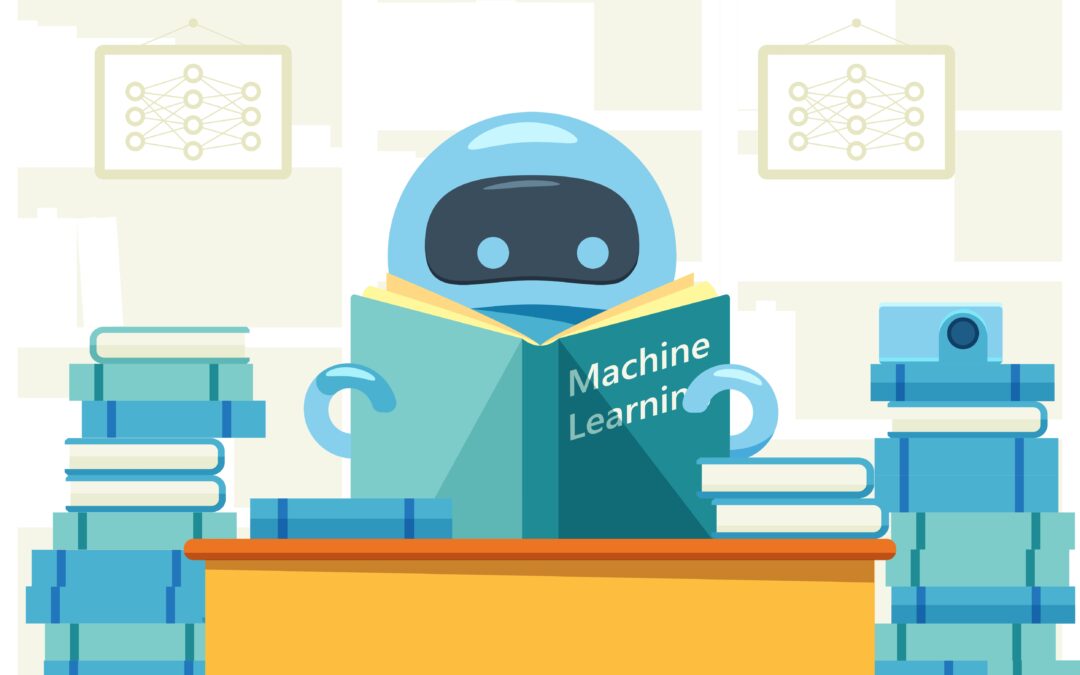 a blue robot is sitting at the yellow desk, reading a book about machine learning, more books are stacked around the desk