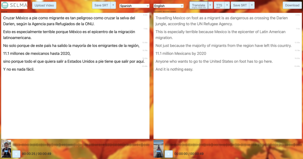 Screenshot of SELMA OSS. On the left is the transcript (Spanish) on the right the translation (English). 